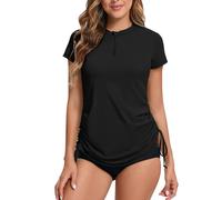 Rash Vest Women Short Sleeve Rash Guard 1/4 Zip Front Ladies Swim Top Quick Dry UV Swimming Shirts Adjustable Hem UPF 50+ Black 8
