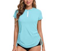 Rash Vest Women Short Sleeve Rash Guard 1/4 Zip Front Ladies Swim Top Quick Dry UV Swimming Shirts Adjustable Hem UPF 50+ Light Blue 20