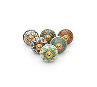 Rasiya Art Cabinet Knobs for Chest of Drawers - Hand Painted Ceramic Handles Boho Decorative Wardrobe Knobs - Multicolor Mandala - Pack of 6