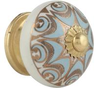 Rasiya Art Door Knobs Ceramic - Indian Handmade Ceramic Dresser Pull Handle Kitchen Cupboard Wardrobe Drawer Pulls Boho Furniture Hardware - Blue Gold - Pack of 12