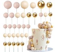RASSLISA 32 PCS Ball Cake Topper Pearl Balls Cupcake Cake Insert Topper for Birthday Party Wedding Decoration Supplies Apricot Gold Light Brown