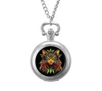 Rasta Cat Weeds Vintage Pocket Watches Roman Numerals Quaretz Watch with Chain Christmas Birthday Gifts Silver-Style