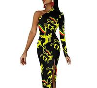 Rasta-Lion Of Judah Retro Women's Dress One Shoulder Split Maxi Long Dress Bodycon Wedding Party Dresses M