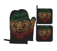 Rasta Lion Roots Rock Reggae Oven Mitts and Pot Holders Set of 4, Oven Mittens and Potholders Heat Resistant Gloves for Kitchen Cooking Baking Grilling BBQ