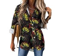 Rasta Reggae Music Jamaican Lion Button Down Shirts for Women Long Sleeve Blouses V Neck Tunics Tops Business Casual Top