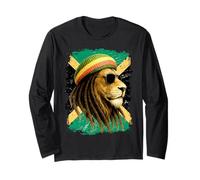 Rastafari Lion with Dreadlocks Glasses and Jamaica Flag Long Sleeve T-Shirt
