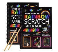 Rastapulz 2Piece Rainbow Scratch Paper Children's Art Book Black DIY Rainbow Art Paper Card Neon Scratch Book +Wood Stick