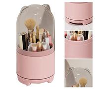 RASTKY 360 Degree Rotating Makeup Brush Holder with Transparent Lid Large Capacity for Makeup Enthusiasts Plastic Brush Storage Container (Pink)