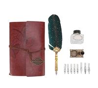 RASTKY Antique Quill Pen Notebook Gift Set Retro Writing Box for Elders, Teachers - Includes 8 Replaceable Nibs, Metal Holder - 11.4 X 8.2 X 1.7in (Green)