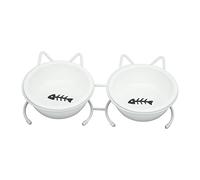 RASTKY Double Ceramic Cat Bowls with Metal Stand 15° Tilt Angles for Easy Eating, Shallow Wide Design for Happy Cats, Non Slip Feet for Stability, Microwave and Dishwasher Safe Material