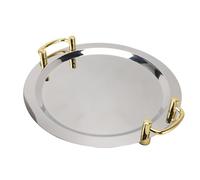 RASTKY Elegant Stainless Steel Serving Tray with Mirror Finish and Golden Handle - 304 Stainless Steel Dinner PlatesHotel Buffets (Round (Diameter 15.7in))