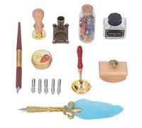 RASTKY European Style Feather Pen Set Elegant Quill Pen with Blotter Stamp Wax Spoon 5 Replaceable Nibs for Gothic and Italian Calligraphy Practice and Creation