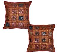 Rastogi Handicrafts 2 Pcs Indian Vintage Home Decor Cotton Cushion Cover With Embroidery & Patchwork, 41 X 41 Cm (Maroon)