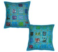 Rastogi Handicrafts 2 Pcs Indian Vintage Home Decor Cotton Cushion Cover With Embroidery & Patchwork, 41 X 41 Cm