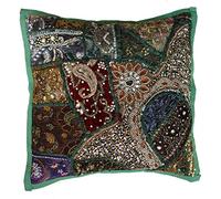 Rastogi Handicrafts Decorative Throw Pillow Cases, Embroidered Cotton Cushion Cover Patchwork Pillow,Indian Traditional Handmade Cushion Cover (GREEN)