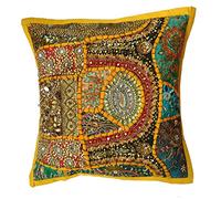 Rastogi Handicrafts Decorative Throw Pillow Cases, Embroidered Cotton Cushion Cover Patchwork Pillow,Indian Traditional Handmade Cushion Cover (YELLOW)