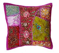 Rastogi Handicrafts Decorative Throw Pillow Cases, Embroidered Cotton Cushion Cover Patchwork Pillow,Indian Traditional Handmade Cushion Cover (QUEEN COLOR)