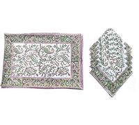 Rastogi Handicrafts Hand Block 100% Cotton Indian Style Theme Set of 6 Dining Table Mats and Napkins Place-mats Runners (GREEN 1)