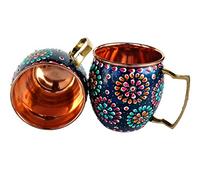 Rastogi Handicrafts Handmade Pure Copper Outer Hand Painted Art Work Wine, Vodka, Beer,Cocktail,Juice, Cold Coffee Mug - Cup 16 oz Pack of 2 Mug