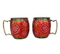 Rastogi Handicrafts Handmade Pure Copper Outer Hand Painted Art Work Wine, Vodka, Beer,Cocktail,Juice, Cold Coffee Mug - Cup 16 oz Pack of 2 Mug