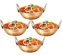 Rastogi Handicrafts Set of 4, Indian Copper Serveware Karahi Vegetable Dinner Bowl with Handle for Indian Food, Diameter 15 Cm