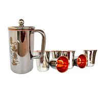 Rastogi Handicrafts Set of 6, Decanter Drink Ware Set, Outside Steel Pitcher Set Flower Print Water Glasses and a Jug Copper