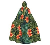 rasuhg Tropical Hawaiian Flower Palm Leaves Print Hooded Cape Adult Halloween Cloak Long Unisex Costume For Witch Cosplay Party Masquerade