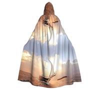 rasuhg White Sailing Ship At Sunset Print Hooded Cape Adult Halloween Cloak Long Unisex Costume For Witch Cosplay Party Masquerade