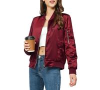 Rasujie Satin Bomber Jacket Women Zip Up Varsity Jacket Fall Windbreaker Outerwear with Pockets, Wine Red, S