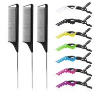 Rat Tail Comb Hair Clips Set: 3Pcs Rat Tail Combs, Hair Styling Combs for Women and 7 Professional Sectioning Hair Clips (Black)
