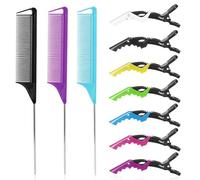 Rat Tail Comb Hair Clips Set: 3Pcs Rat Tail Combs, Hair Styling Combs for Women and 7 Professional Sectioning Hair Clips (Black,Purple,Blue)