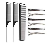 Rat Tail Combs Set, RuiChy 3 Pack Carbon Styling Combs Barber Hairdressing Comb Cutting Wide and Fine Teeth Comb Steel Pintail Comb Teasing Hair Comb with 6 Metal Alligator Curl Clips
