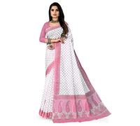 RATAN Pure Cotton Printed Mulmul Saree for Women without Blouse Piece (White), White-Pink, FS