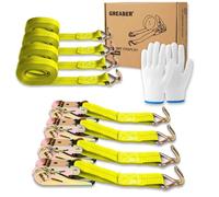 Ratchet Straps (4-Pack), 1000kg Break Strength, 5m x 2.5cm Heavy Duty Tie Down Strap Set with Metal Hooks for Trucks,Moving,Motorcycles,Trailer,Cargo, with 1x Work Gloves (Yellow)