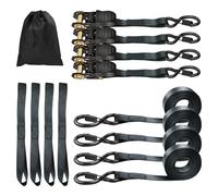 Ratchet Tie Down Straps, 4X 5m Securing Straps, 4X Soft Loops 800kg Break Strength, Rubber Coated Metal Handles, Plastic Coated Metal Hooks, Carrying Bag (Black)