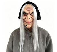 Ratdlyz Smiling Demons White Old Witch Green Creepy Old Hag Mask with Hair Hat Horror Wizard Dress Up Simulation Face Cover Scariest Creepy Terror Face Decoration Cosplay Props Party Accessory