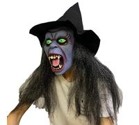 Ratdlyz Smiling Demons White Old Witch Green Creepy Old Hag Mask with Hair Hat Horror Wizard Dress Up Simulation Face Cover Scariest Creepy Terror Face Decoration Cosplay Props Party Accessory