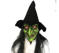 Ratdlyz Smiling Demons White Old Witch Green Creepy Old Hag Mask with Hair Hat Horror Wizard Dress Up Simulation Face Cover Scariest Creepy Terror Face Decoration Cosplay Props Party Accessory