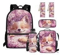Ratozent Cherry Blossom Dog Backpack Set for Girls Kids Backpacks with Lunch Box Water Bottle Holder and Pencil Case Bookmark 5 Pcs Bookbags with Side Pockets for Girls Elementary School Bag