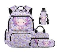 Ratozent Daisy Axolotl Backpack for Teen Girls School Backpacks with Lunch Bag for Elementary School Tote Bag with Adjustable Shoulder Strap 4 Pcs Set Casual Daypack for Sports or Art Classes