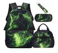 Ratozent Green Wolf Backpack for Elementary School Boys Bookbags with Lunch Box and Pencil Case 4 Pcs Cool Backpacks for Boys Kids Schoolbags with Compartment 17 Inch Travel Daypapck