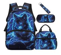 Ratozent Lightning Wolf Backpack for Teen Boys Kids Backpacks with Lunch Box Pencil Case and Keychain 4 in 1 Elementary School Bags for Boys with Tablet Compartment 17 inch Cool Bookbag