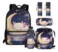 Ratozent Moon Axolotl Backpack for Elementary School Girls Bookbag with Lunch Box Water Bottle Sleeve Pencil Purse and Bookmark 5 Pcs Set Back to School Backpacks for Girls Hiking Daypack