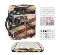 Ratozent Vintage American Flag Cross Bible Cover, Distressed Quilted Style Portable Handle, Multi-Pocket Organizer, Patriotic Heritage Gifts for Church History Buffs & Grandpa