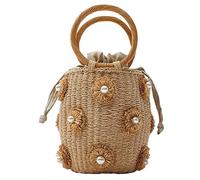 Rattan Bag,Woven Tote Bag with Flower Pearl - Bucket Shape Straw Bag for Travel, Hiking, Wedding, Parties, Weekend, Dating, Camping, Beach, Shopping