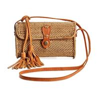 Rattan Bags for Women - Handmade Wicker Woven Purse Handbag Circle Boho Bag Bali …, Adele Ata Grass With Leather Tassel (Brown), 8" x 3" x 5" (20cm x 7cm x 12cm)