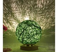 Rattan Ball Table Lamp, Round Base Dimmable Night Lights Wooden Rattan LED Table Lamp with USB Cable Atmosphere Night Light for Living Room (Green, Monochrome)