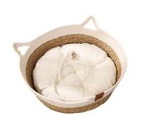 Rattan Basket Bed with Cotton Cushion and Pillow, Wicker Kitten Basket with Toy Ball, Round Beds for Indoor Cats Woven Sleeping Nest, Breathable Pet Bed Four Seasons Universal (2)