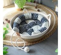 Rattan Basket Bed with Cotton Cushion and Pillow, Wicker Kitten Basket with Toy Ball, Round Beds for Indoor Cats Woven Sleeping Nest, Breathable Pet Bed Four Seasons Universal (4)