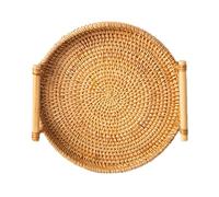 Rattan Basket Tray, Round Rattan Serving Tray with Handles Hand Woven Wicker Serving Basket Decorative Rattan Fruit Tray for Coffee Table Food Serving(S)